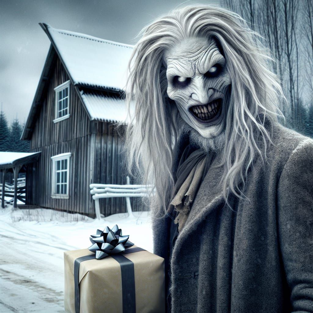 Unsettling Pale Man with Birthday Gift: Winter Horror