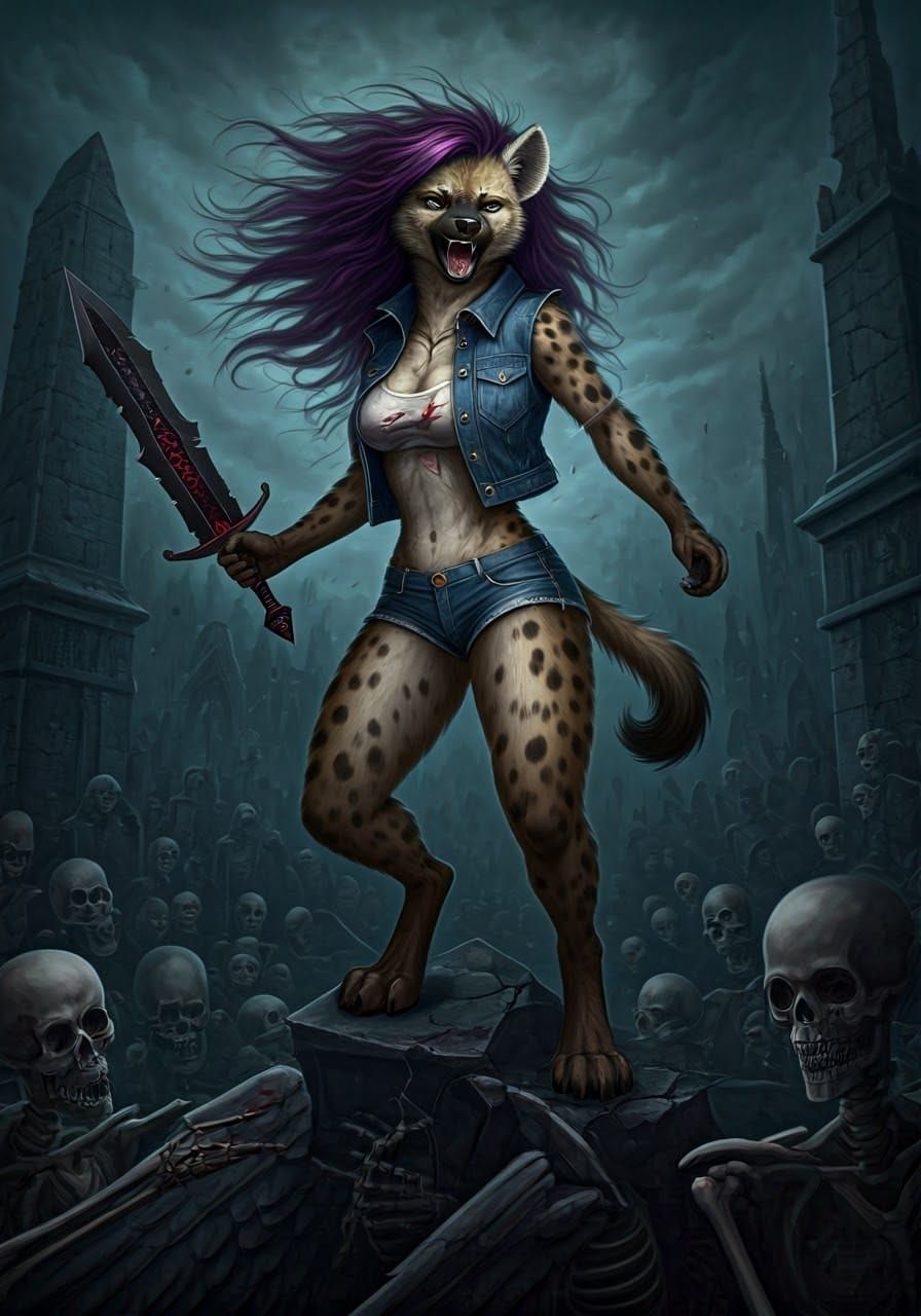Dark Fantasy She-Hyena Battles Skeletons in Haunting Landsca...