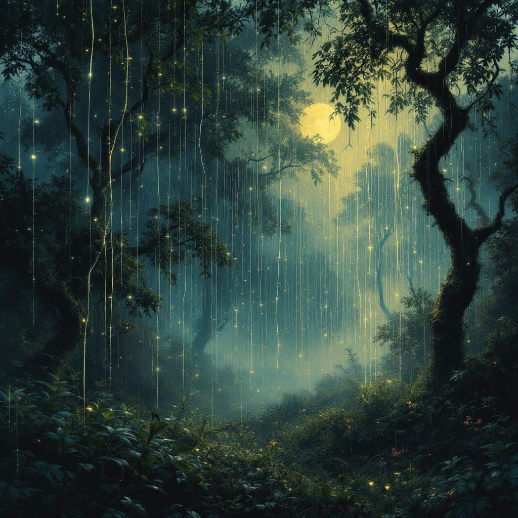 Surreal Moonlit Forest Illuminated by Electric Rain