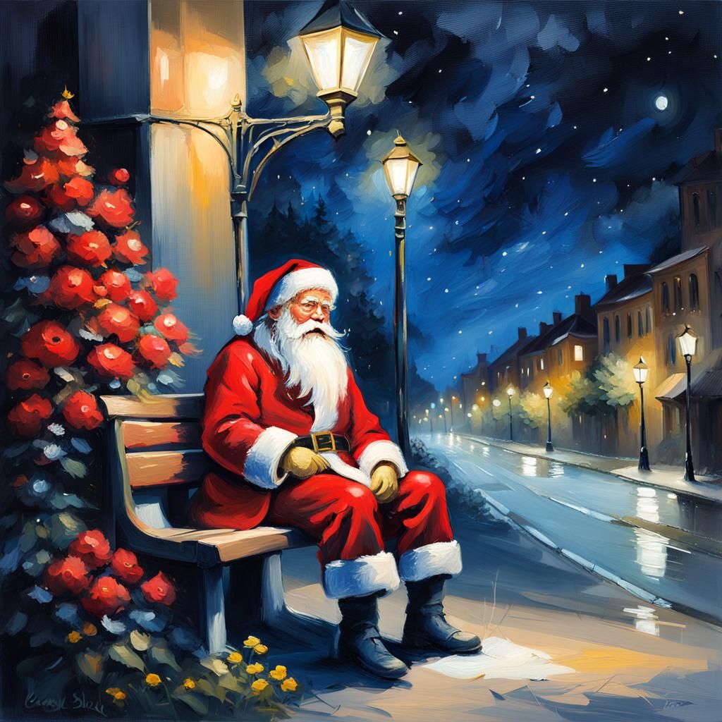 painting of santa clause sitting on a bench under a streetli...