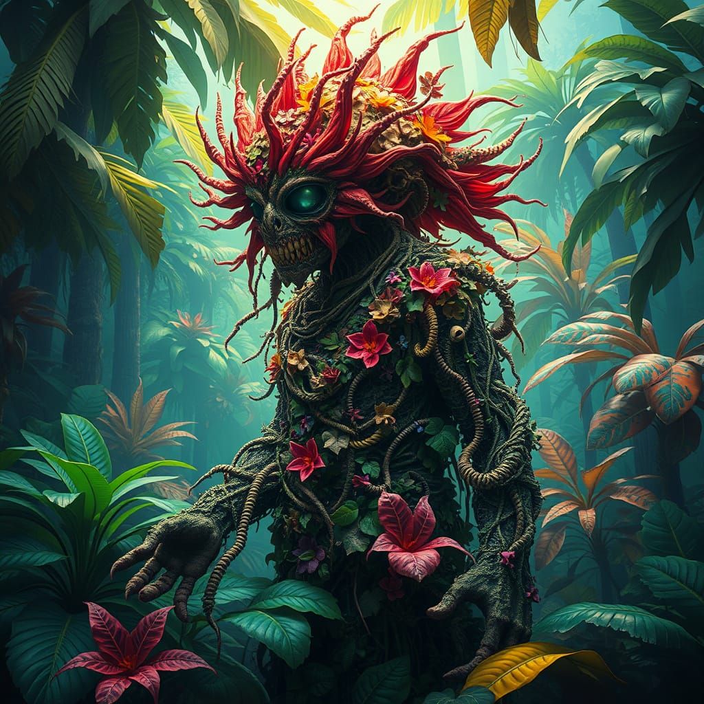 Mystical Figure Camouflaged in Tropical Environment