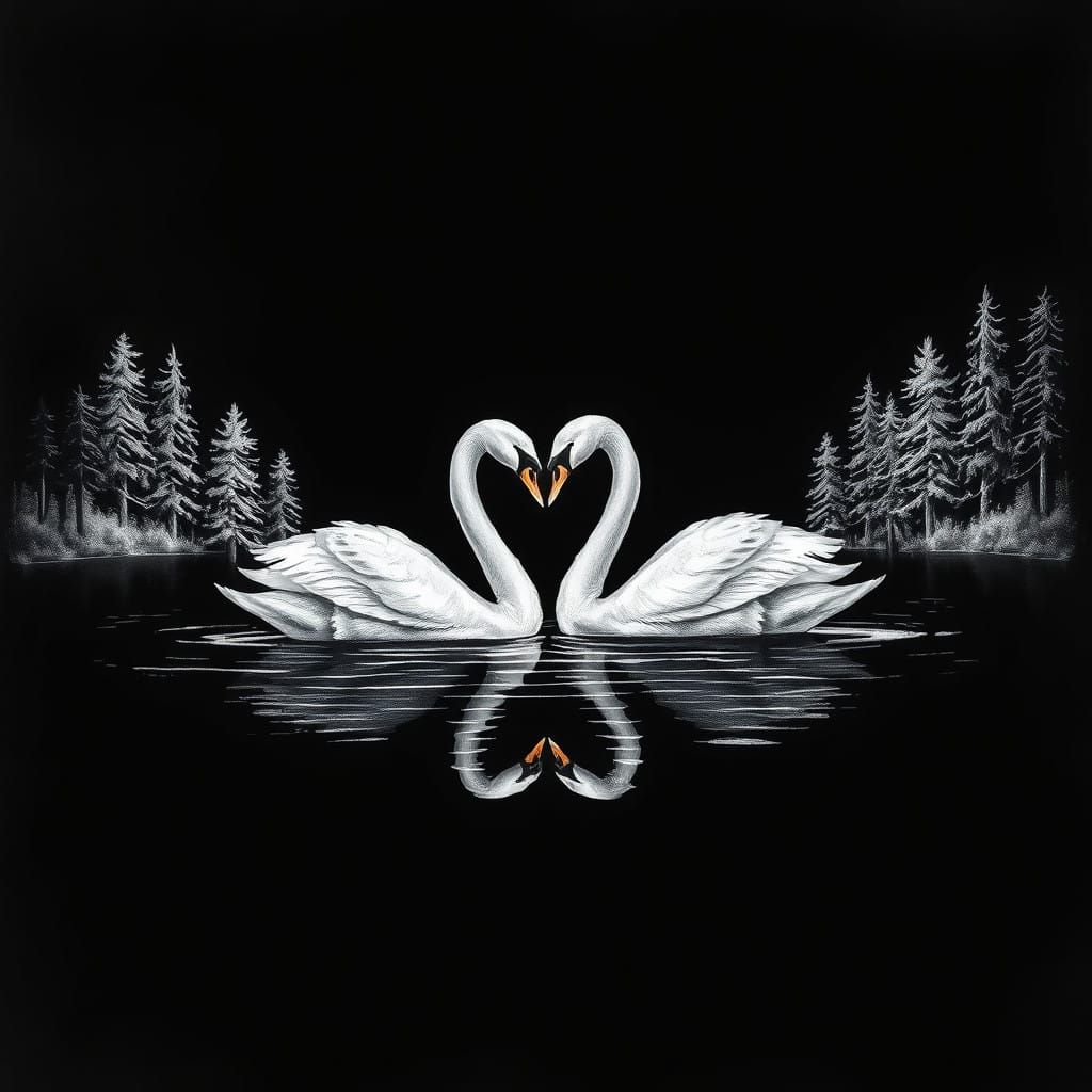 Chalk-Style Swan Couple Form Heart