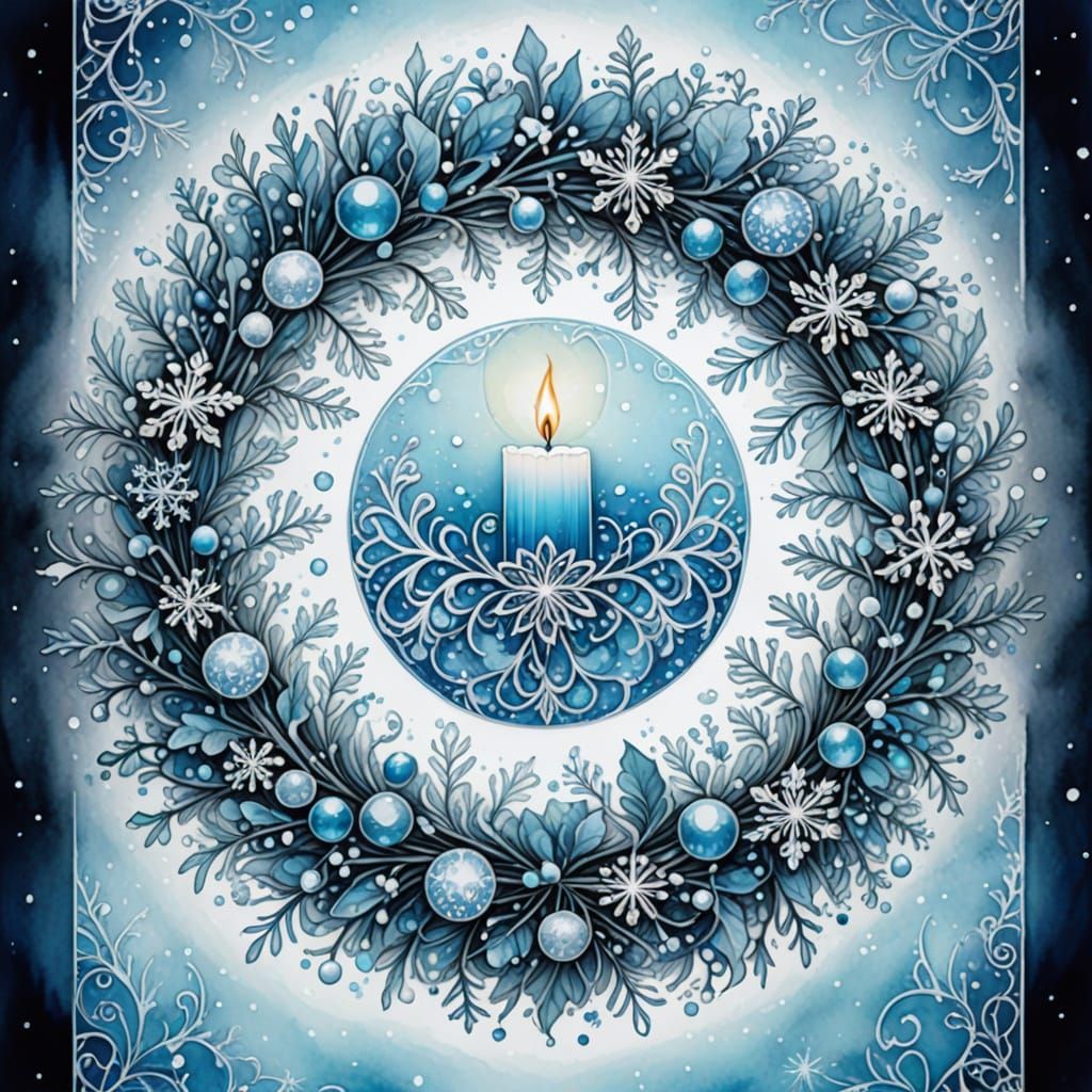 Ethereal Yule Wreath, intricately detailed, icy light-blue &...