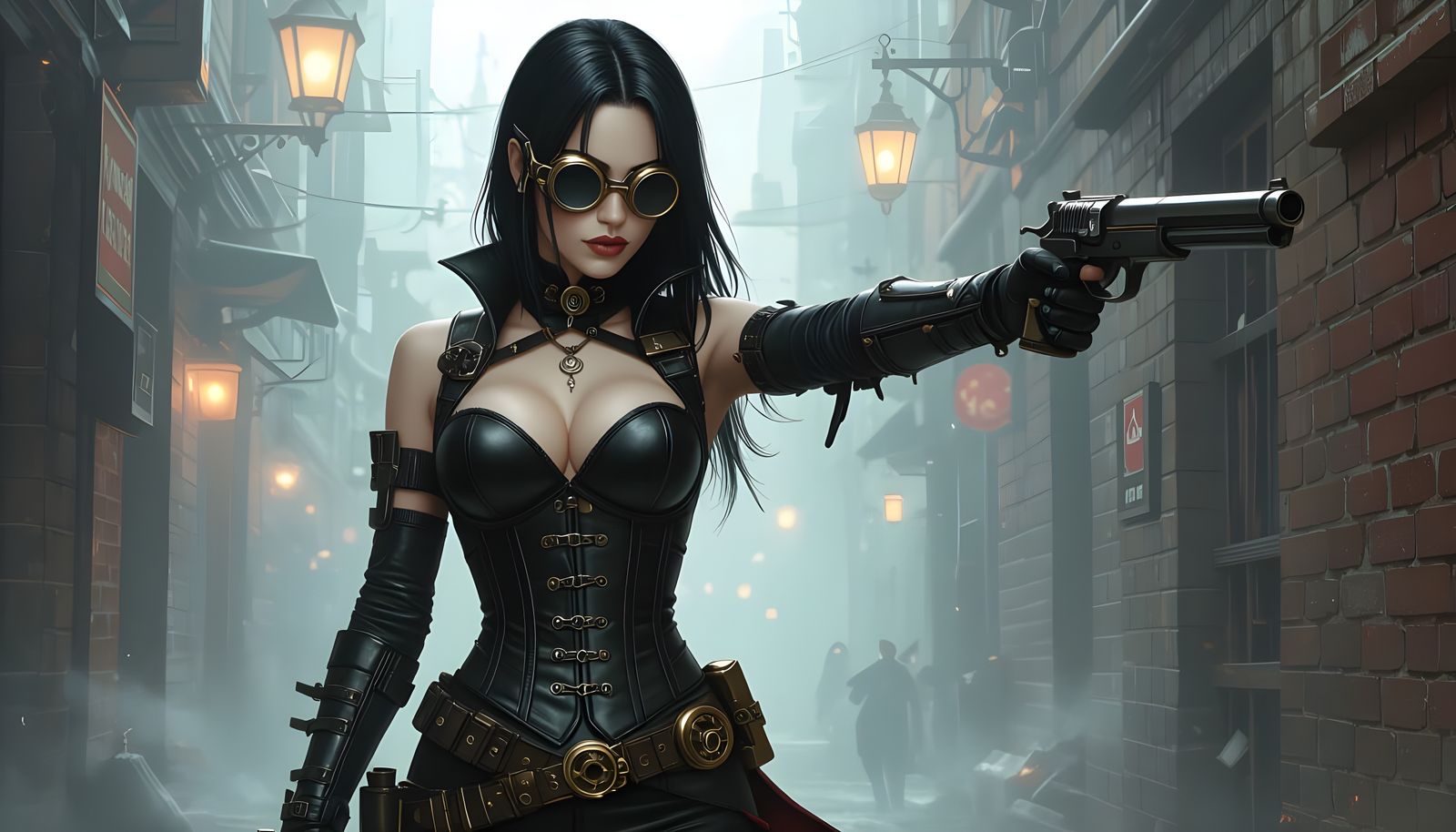 Steampunk Vampire Assassin in Misty Alley