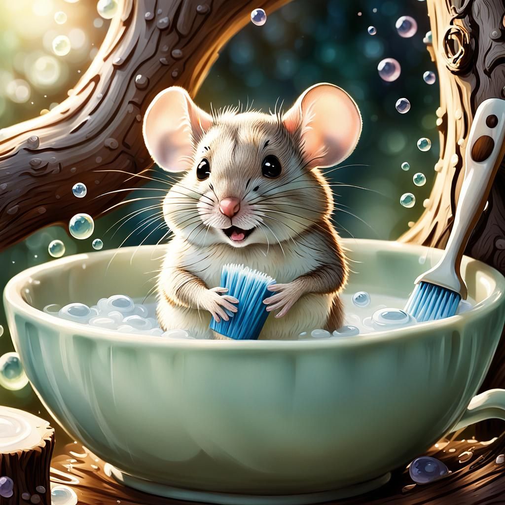 Mouse in Teacup Bath: Whimsical Watercolor Illustration