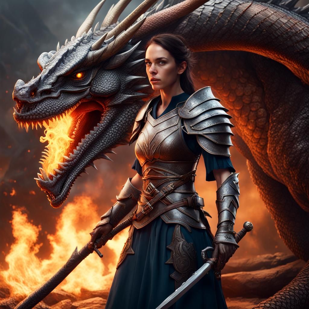Armored Woman Warrior and Fire Dragon Fantasy Art