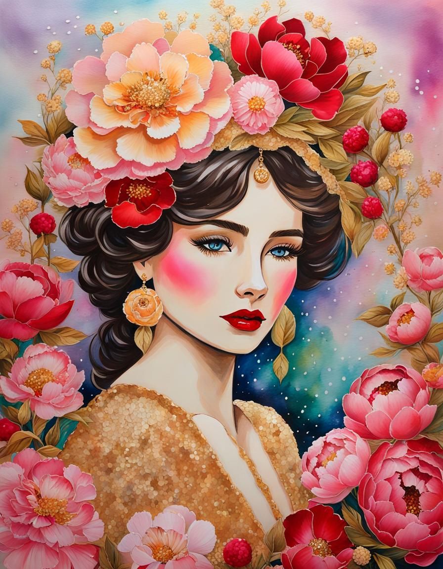 Salt Painting Portrait of Irish Woman with Peonies