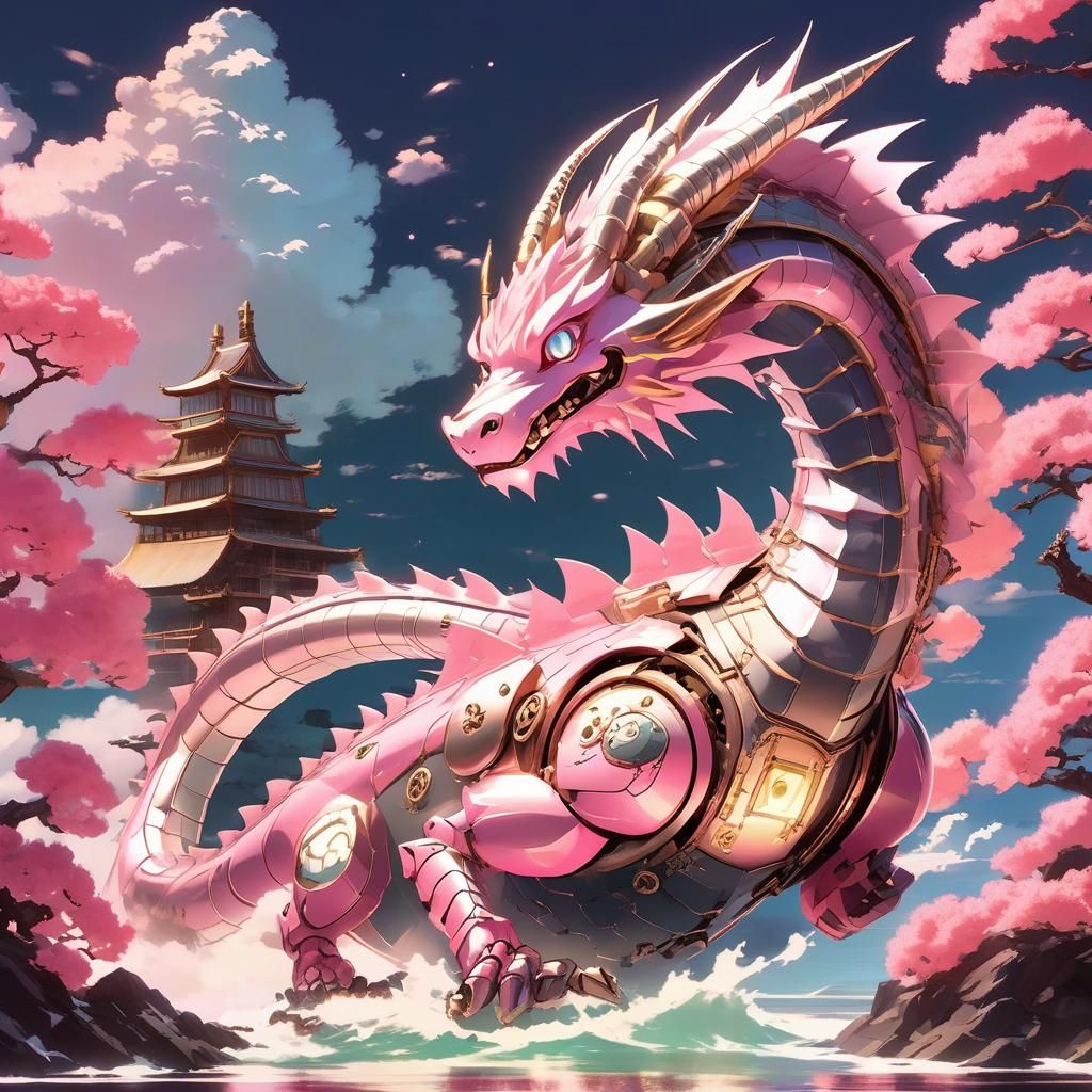 Steampunk Dragon Robot with Amethyst Glow in Anime Style