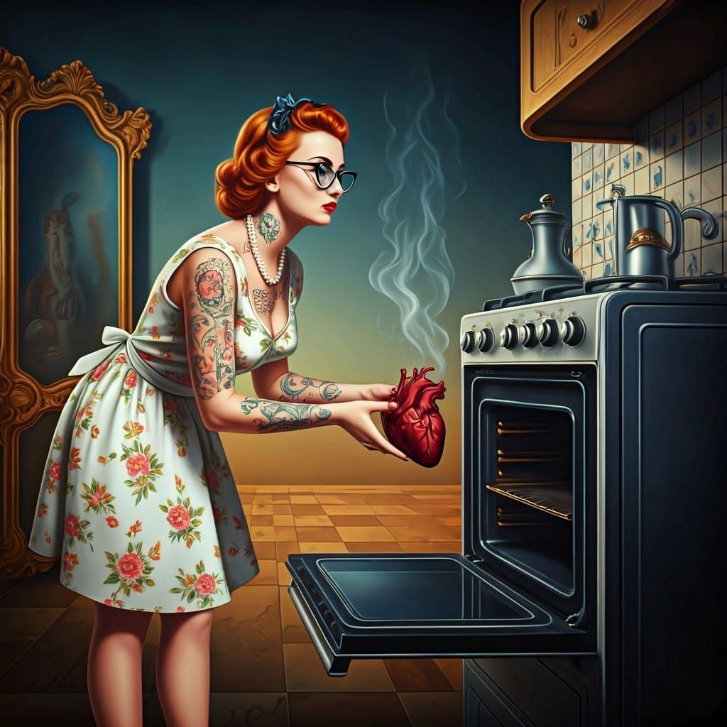 Surreal 1950s Housewife and the Burnt Heart