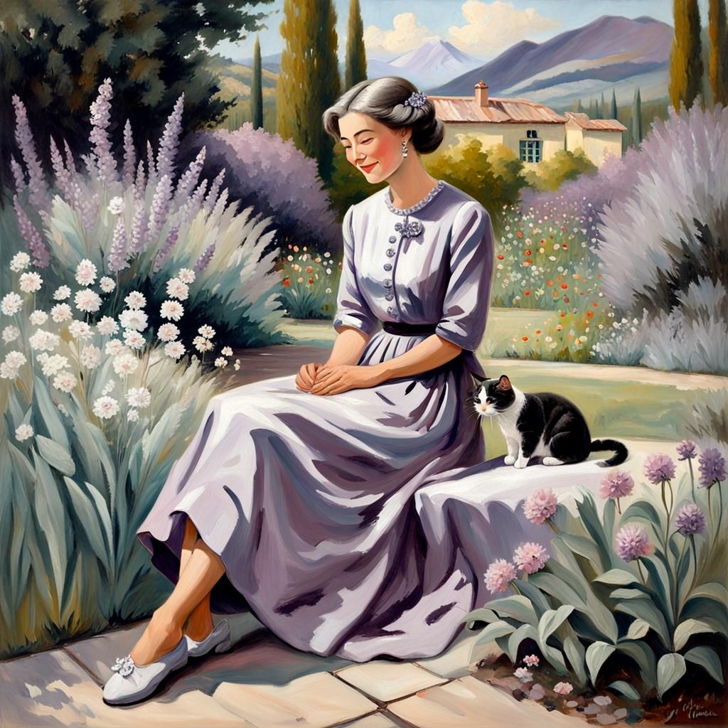 Elderly Woman and Cat in Botanical Garden Painting