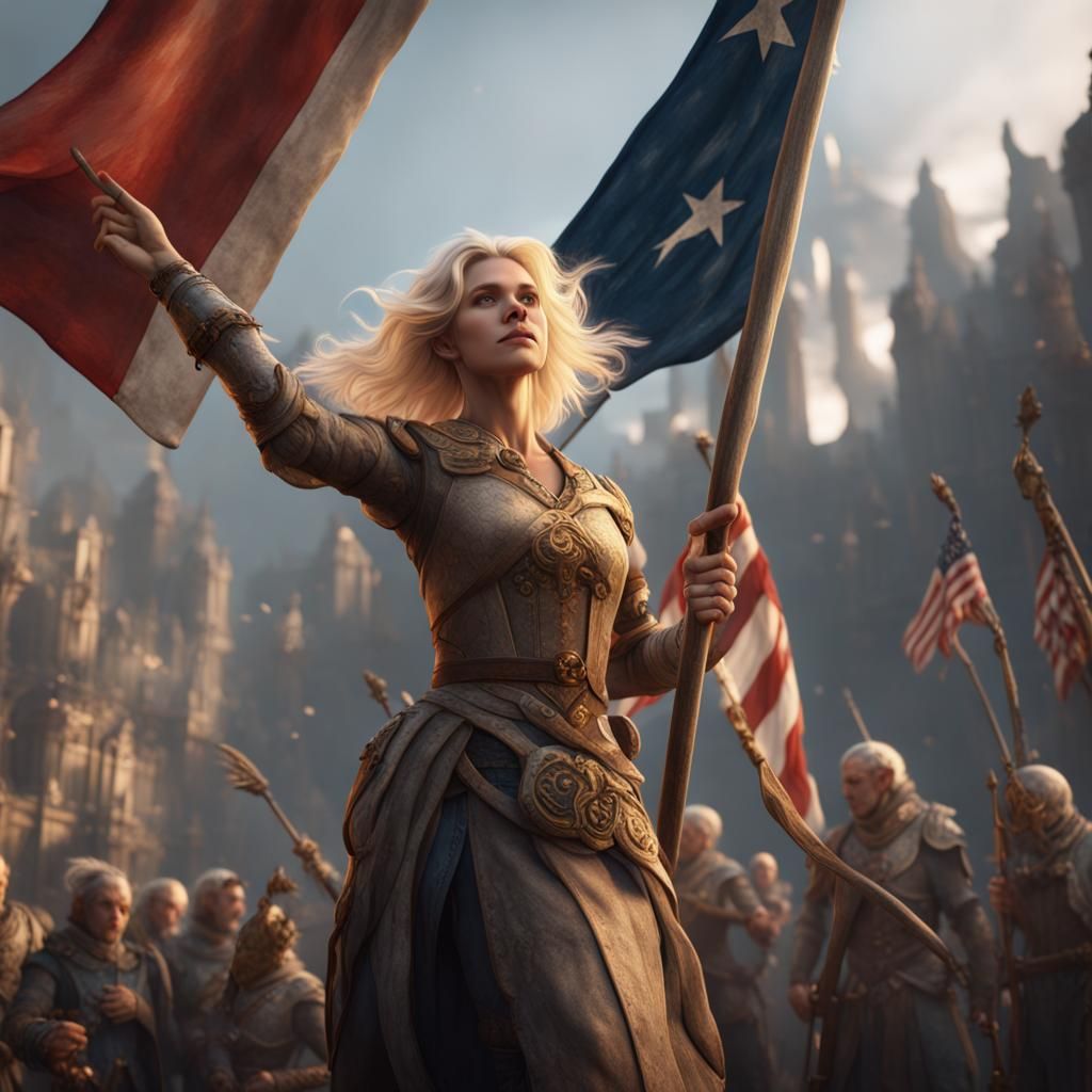 Blonde Woman Waving Flag in Detailed Fantasy Art