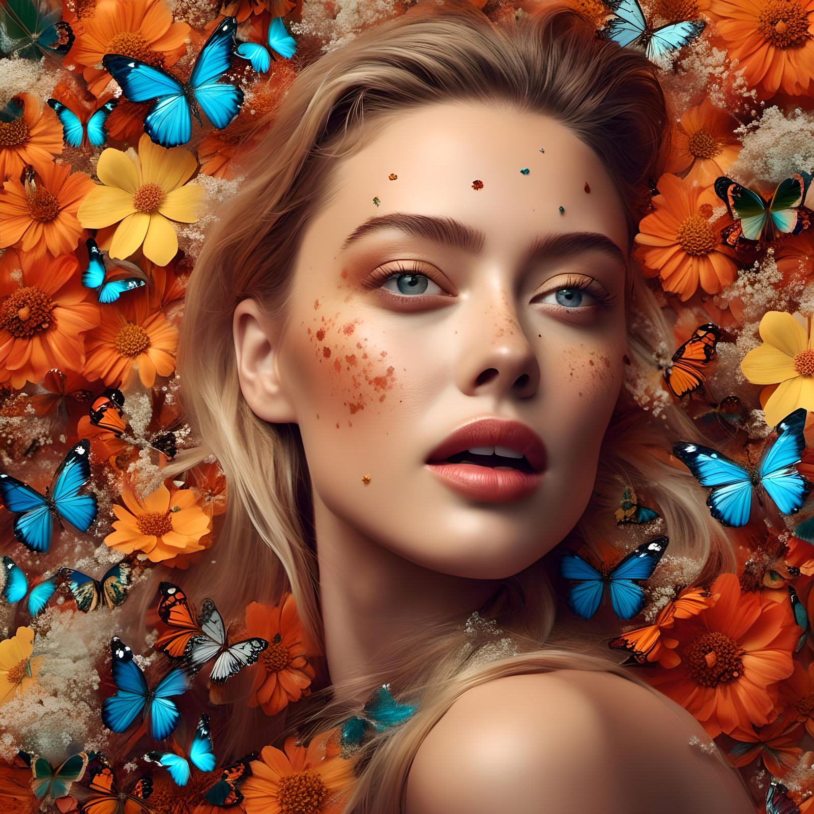 Hyperrealistic Portrait of a Smiling Woman with Butterflies