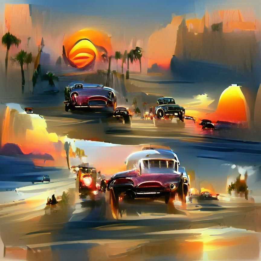 Classic Cars Driving into California Sunset
