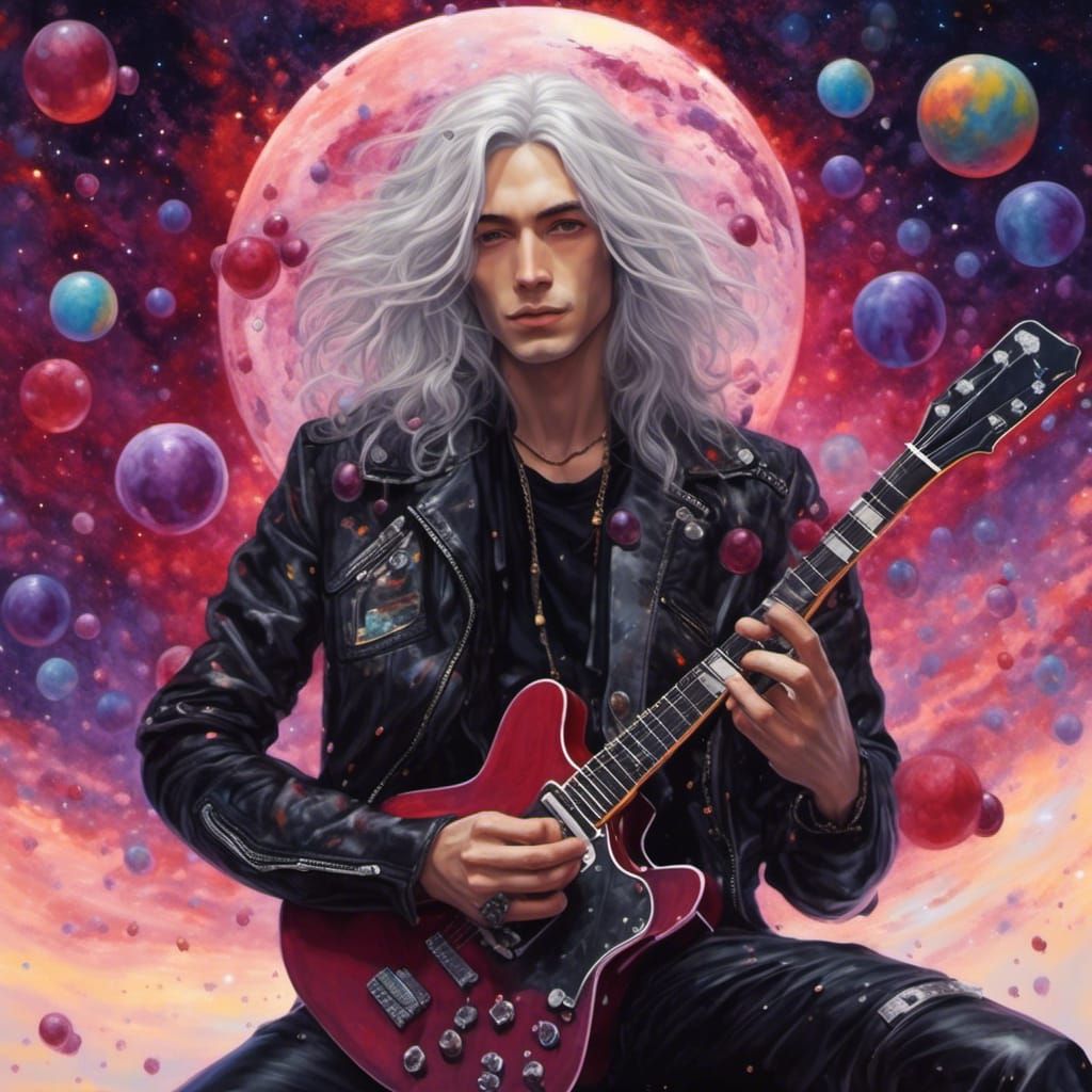 Cosmic Guitarist with Wine in Hyperreal Style