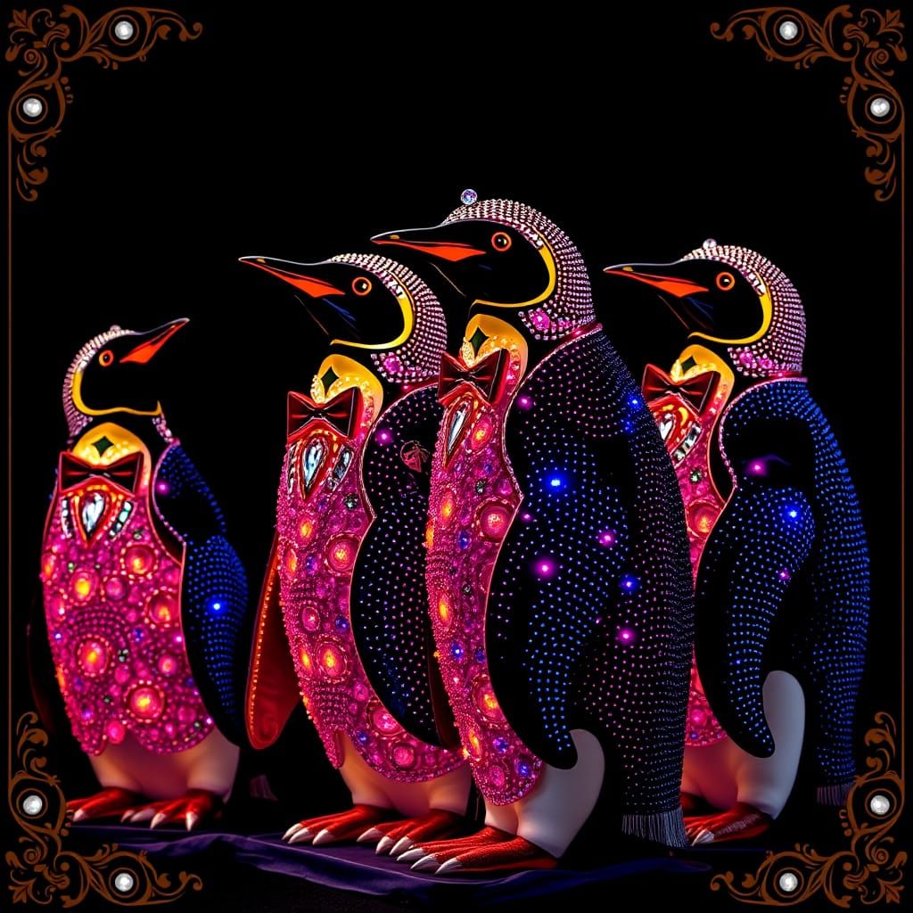 Illuminated Penguins in Opulent Sequined Tuxedos