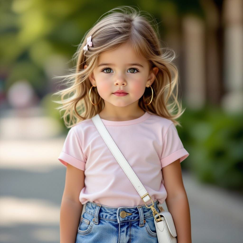 Realistic 3-Year-Old Girl with Denim Skirt and Pink Shirt