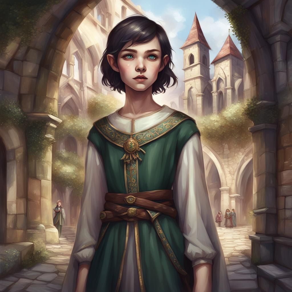 Trending On Artstation, Elf, Young teen, Female, Petite Build, Pale Skin, Teen, Dark short hair, Round Face, Wide Eyes, ...