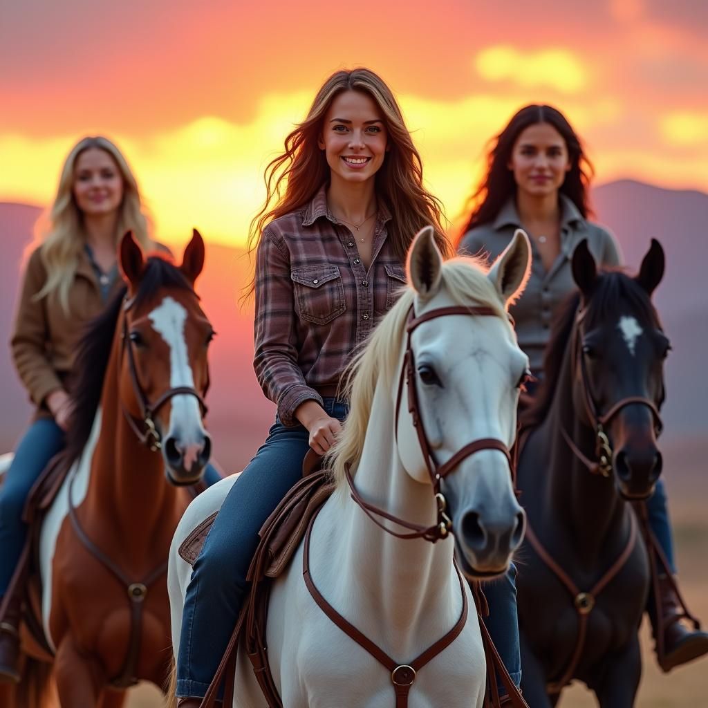 Equestrian Trio at Sunset: A Hyperrealistic Digital Painting