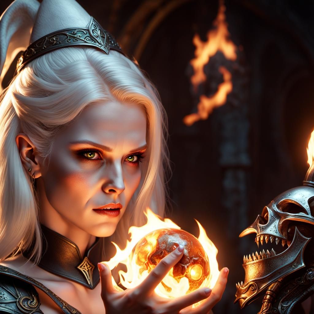 Albino Witch with Skull Fireball in Gritty Fantasy