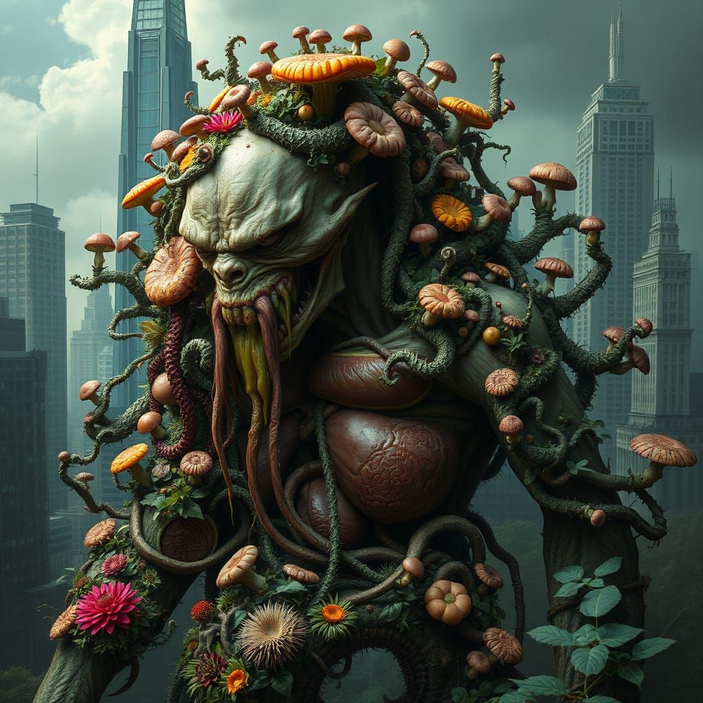 Grotesque, Organic Bloom: A Humanoid Figure Consumed by Fung...