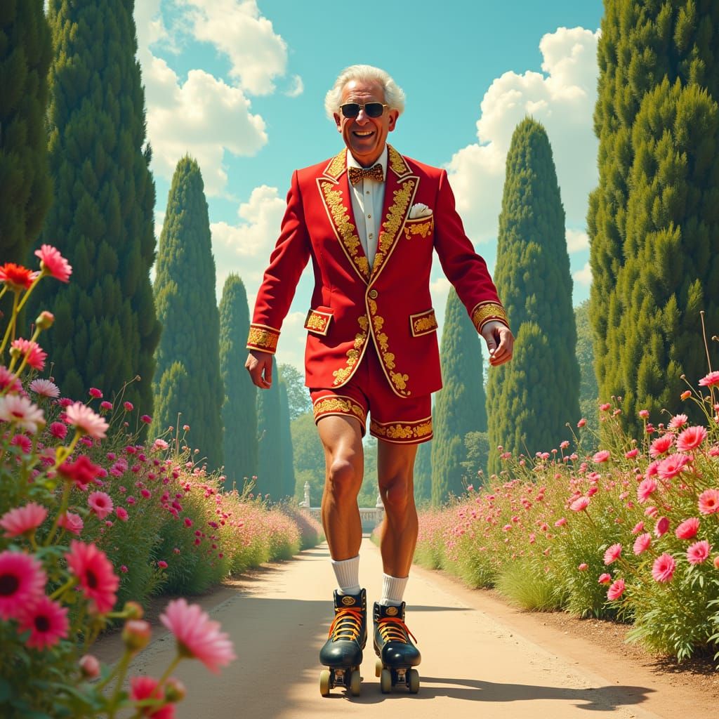 King Charles Rollerblading in Surreal Garden