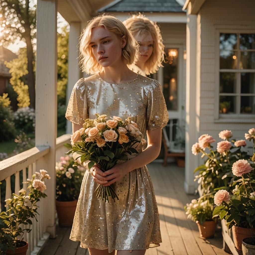Boy Crossdressing with Flowers, Cinematic Film Still