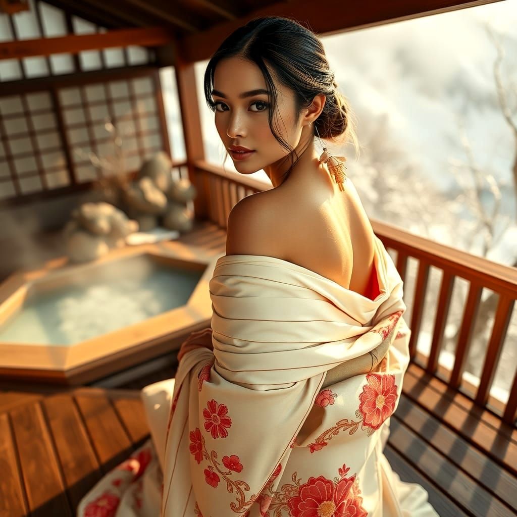 Ethereal Beauty Overlooking Snowy Onsen, Woodblock Style