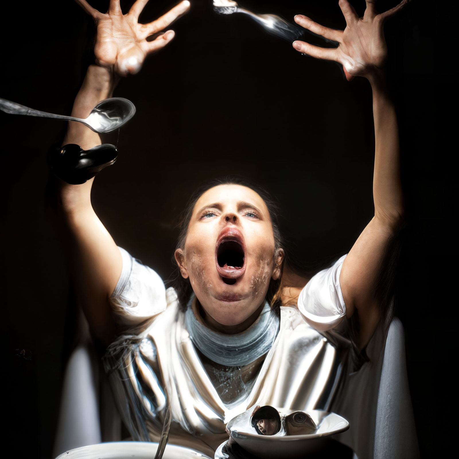 Tesla Woman Praying to Italian Food: Photorealistic Portrait