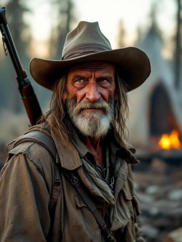 Post-Apocalyptic Nomad Portrait: Survivor in Dying Forest