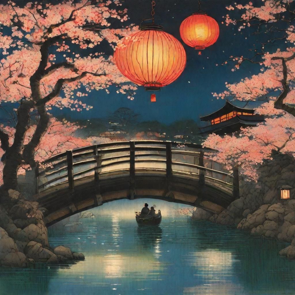 Art by Hiroshige, Hokusai, Monet, Goyo Hashiguchi, Takabatake Kasho, Hasui Kawase, J.M.W. Turner: Under a starlit sky, a...