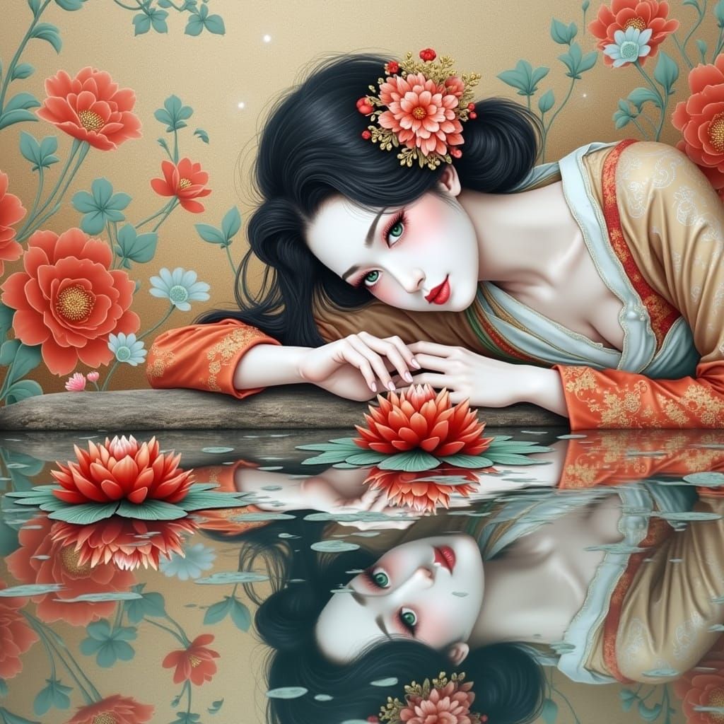 Geisha Portrait with Mirrored Reflection in Hyperrealism