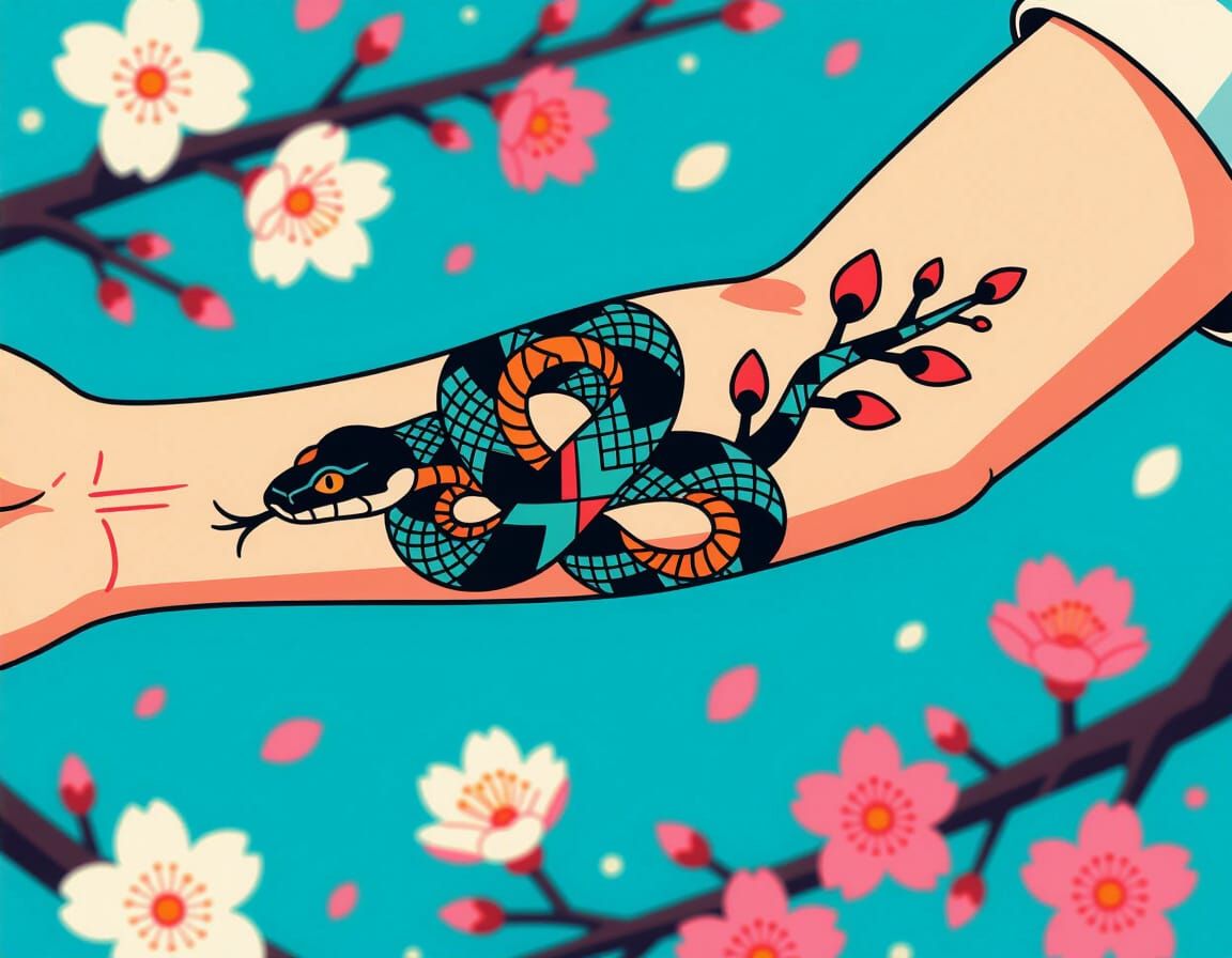 Snake and Cherry Blossom Tattoo in Dreamy Neon Style