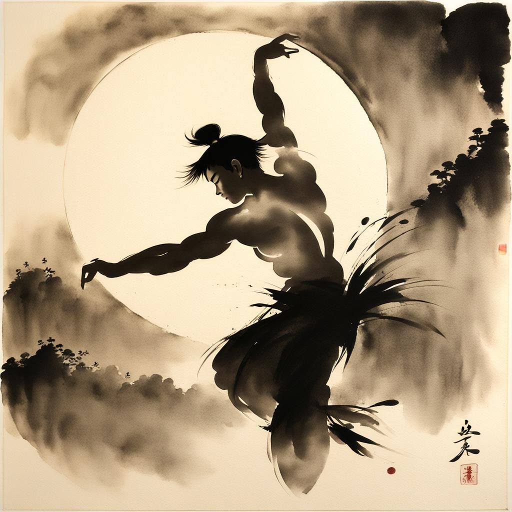 Minimalist Sumi-e Painting of Man Dancing