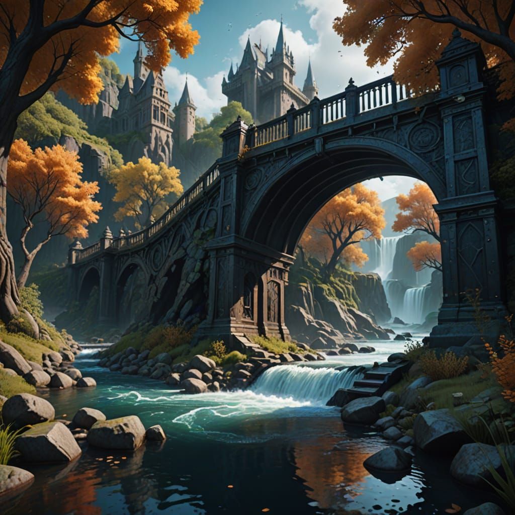 Ethereal Bridge Over Turbulent Waters in Vibrant Fantasy Sty...
