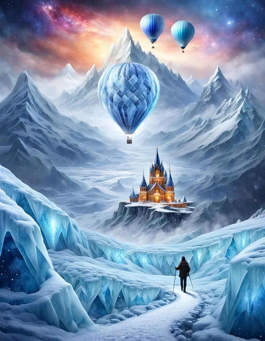 Fantasy Ice Hot Air Balloon in Galaxy Landscape