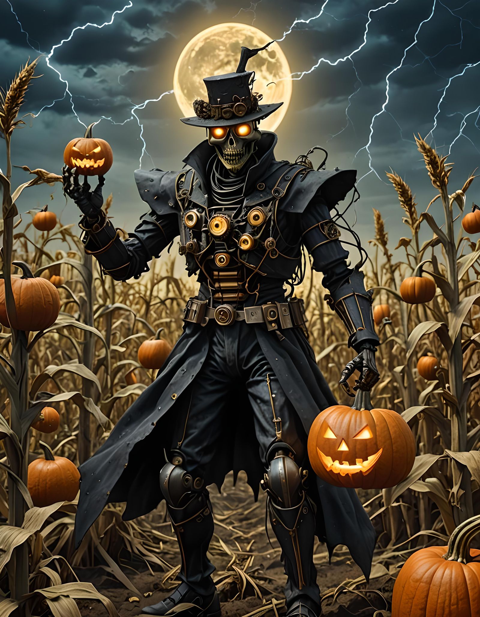 Steampunk Pumpkin Robot Warrior in a Corn Maze