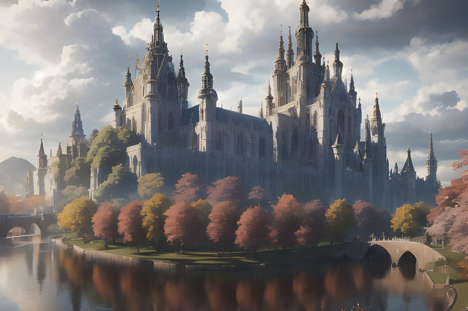 Medieval Kingdom Landscape with Rainbow and Waterfalls