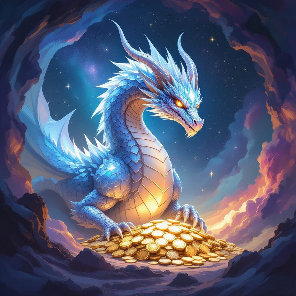 Crystalline Dragon Guards Cosmic Hoard in Epic Fantasy Art