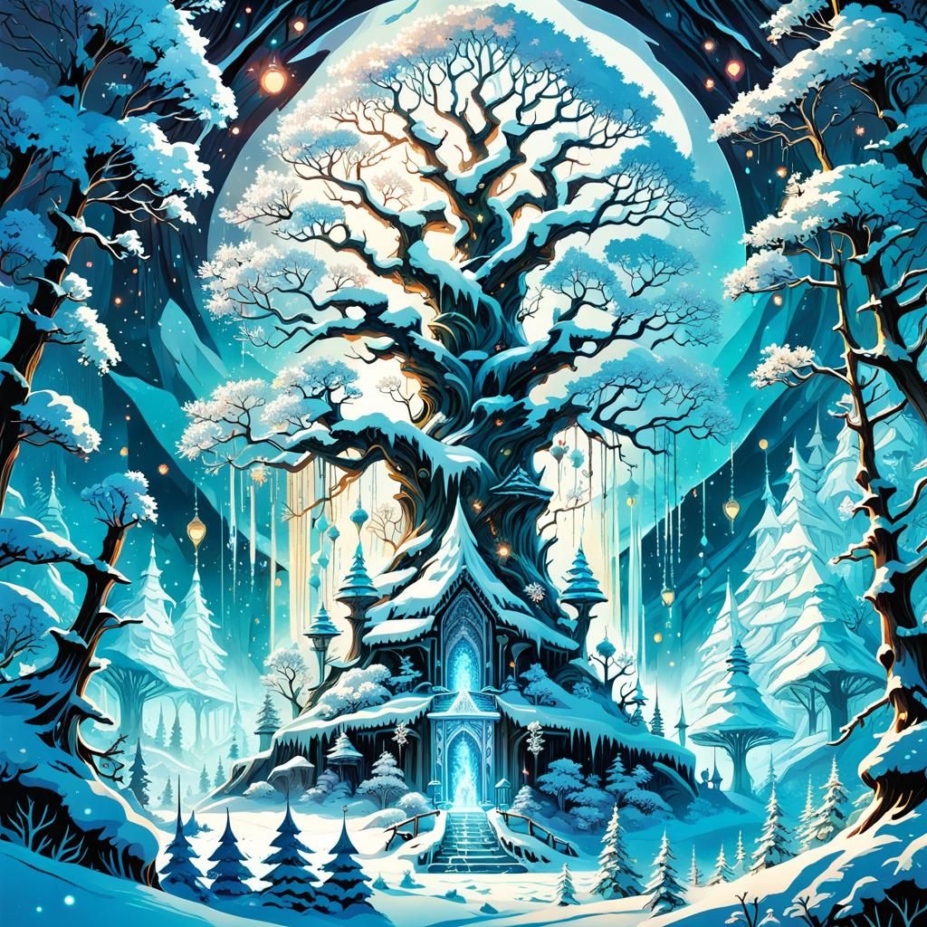 Enchanted Frozen Forest with Ancient Ice Tree