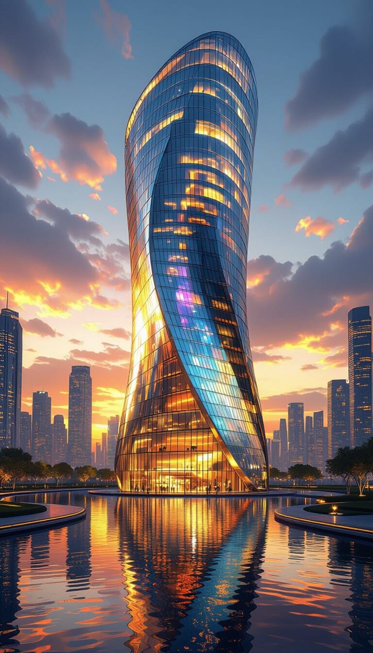 Futuristic Skyscraper Reflecting Sunset: Dreamlike Architect...