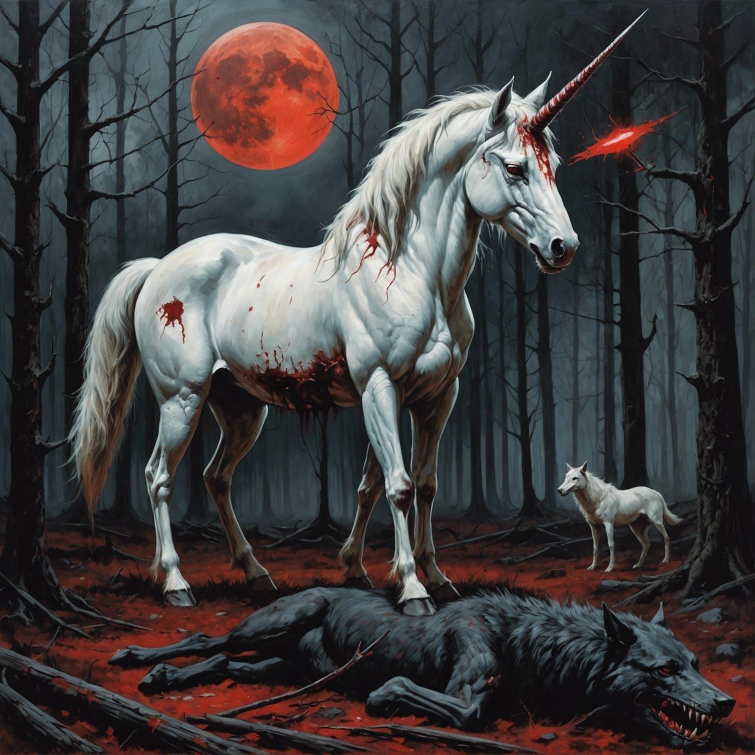 Macabre Unicorn Victory in Dark Forest Oil Painting