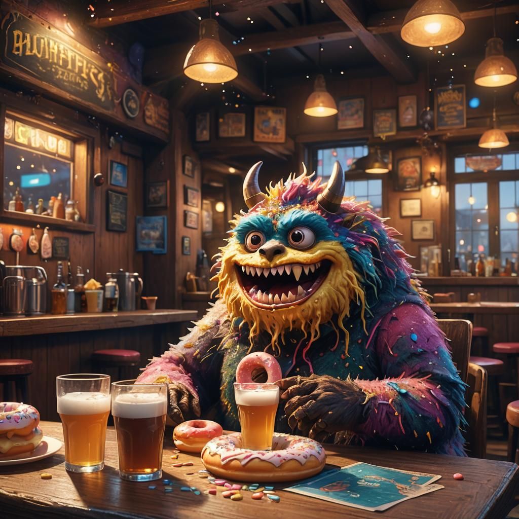 Cute Monster Eats Donut in Pub, Fantasy Art
