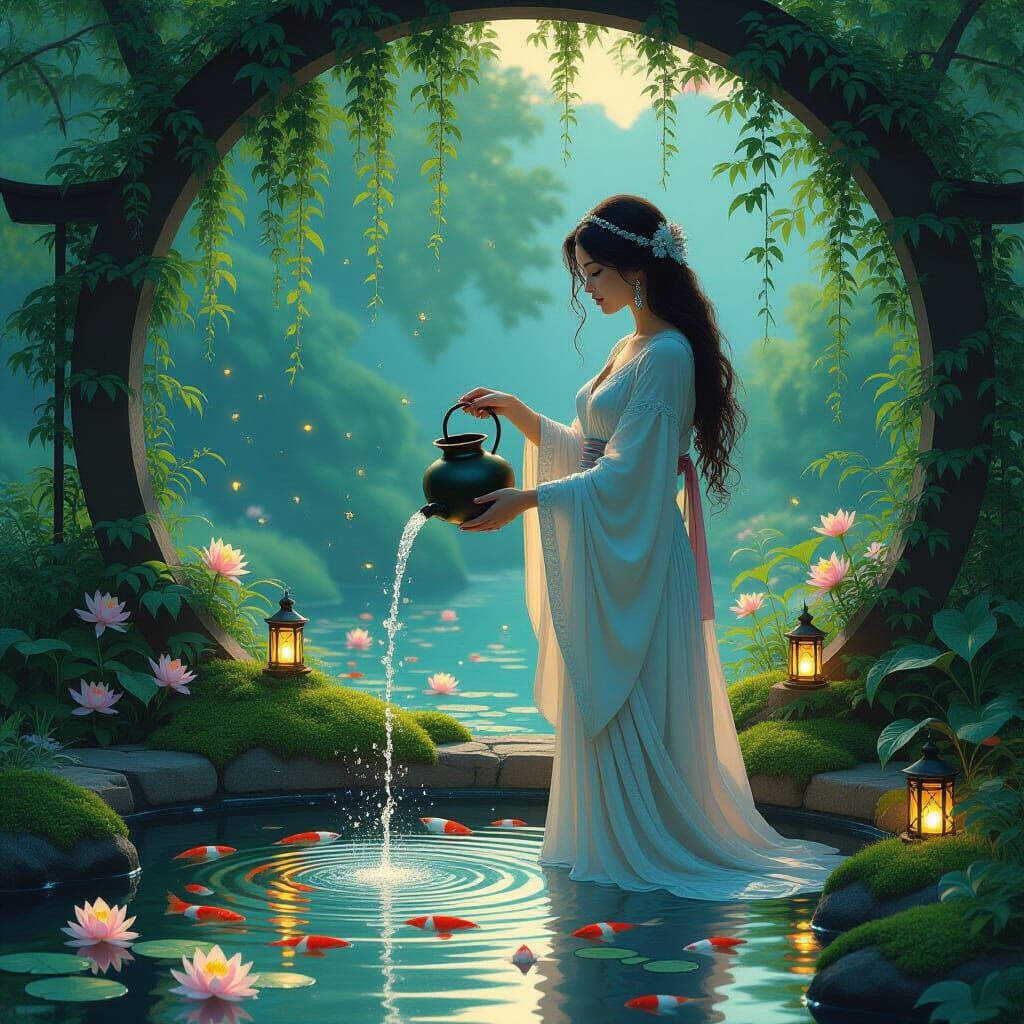 Twilight Garden Scene in Art Nouveau Style