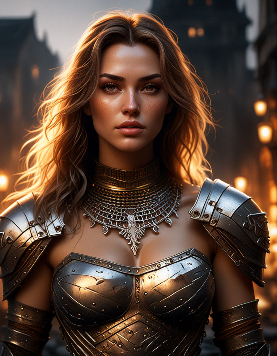 Sensual Fantasy Warrior in Golden Armor Amidst Apocalyptic R...