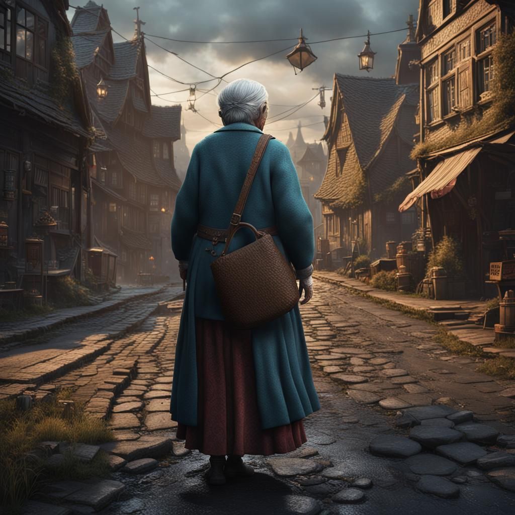 Distressed Old Woman in Street: Detailed Matte Painting