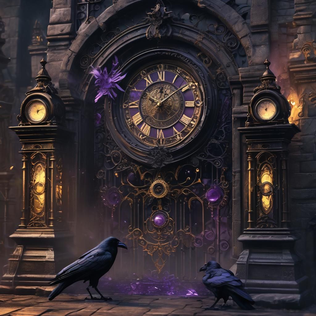 Dark Fantasy Clocks with Glowing Crystals