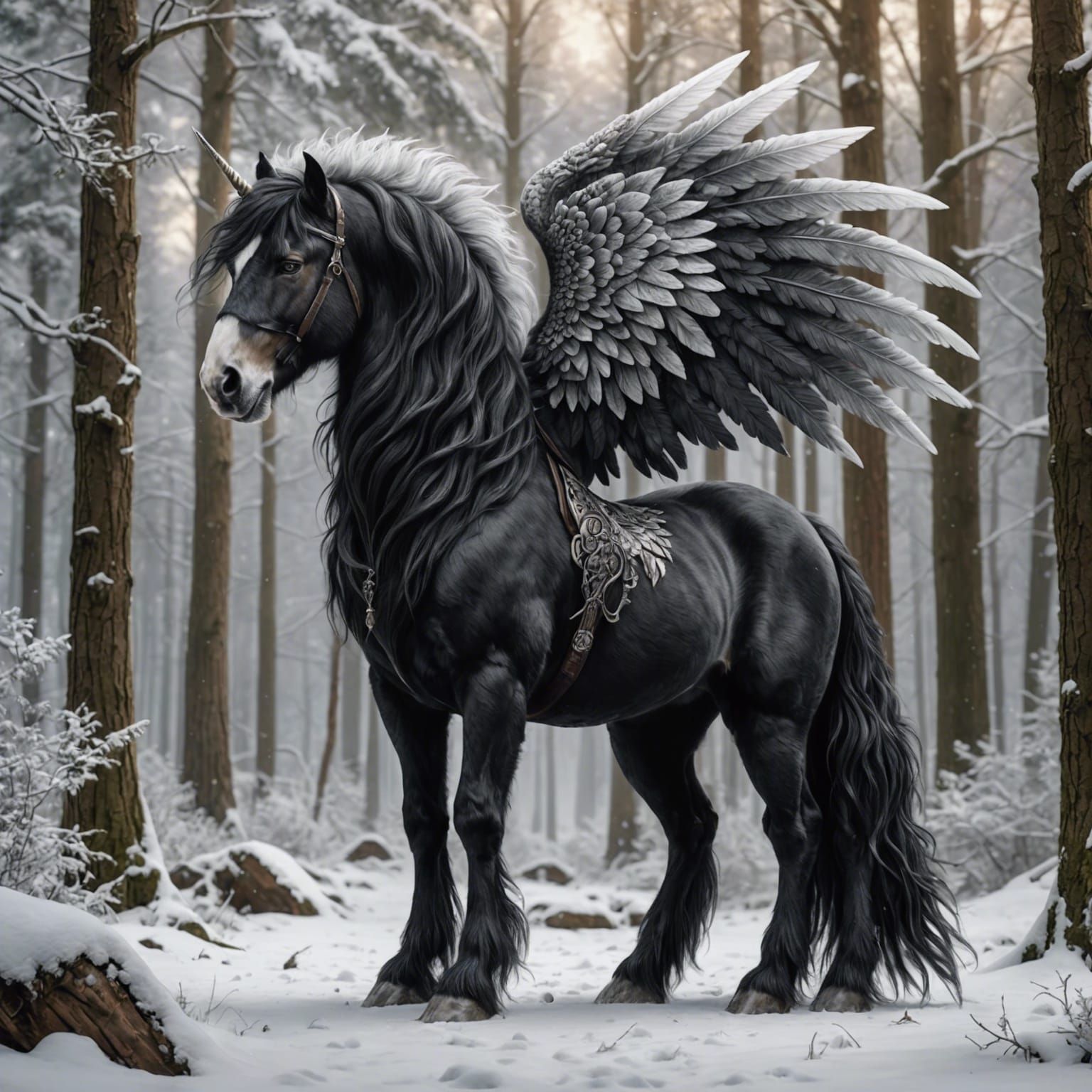 Black Clydesdale Unicorn with Angel Wings, Pencil Sketch