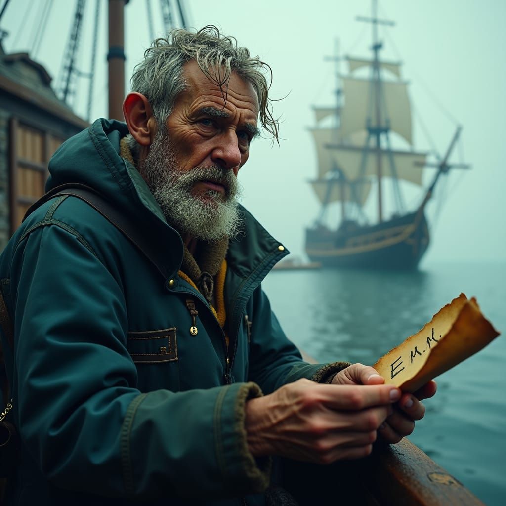 Misty Harbor Scene with Frail Cabin Boy