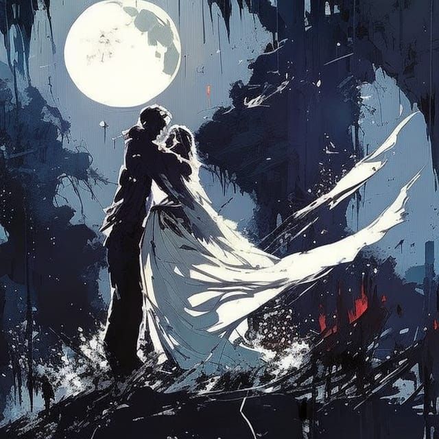 Lovers Embracing Under Celestial Bodies in Expressive Style