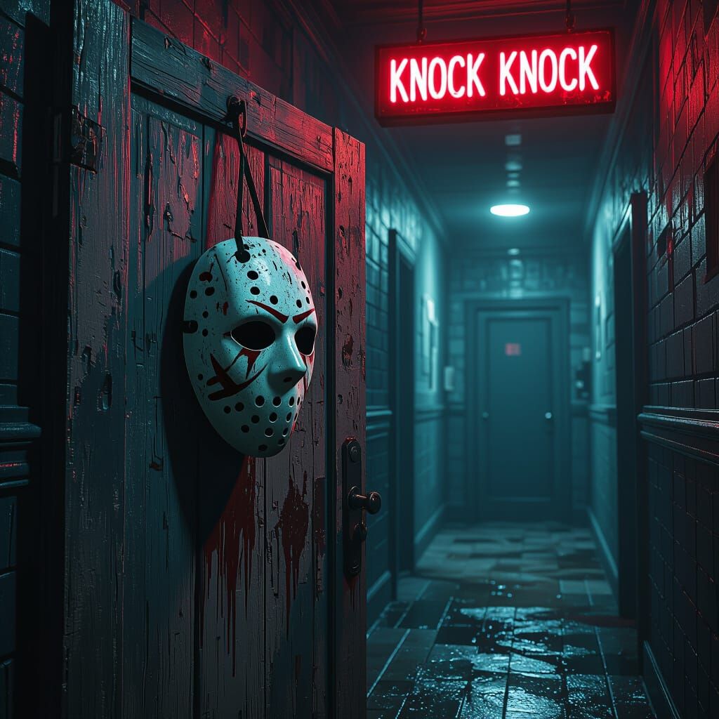 Ominous Door with Mask in Dark Hallway